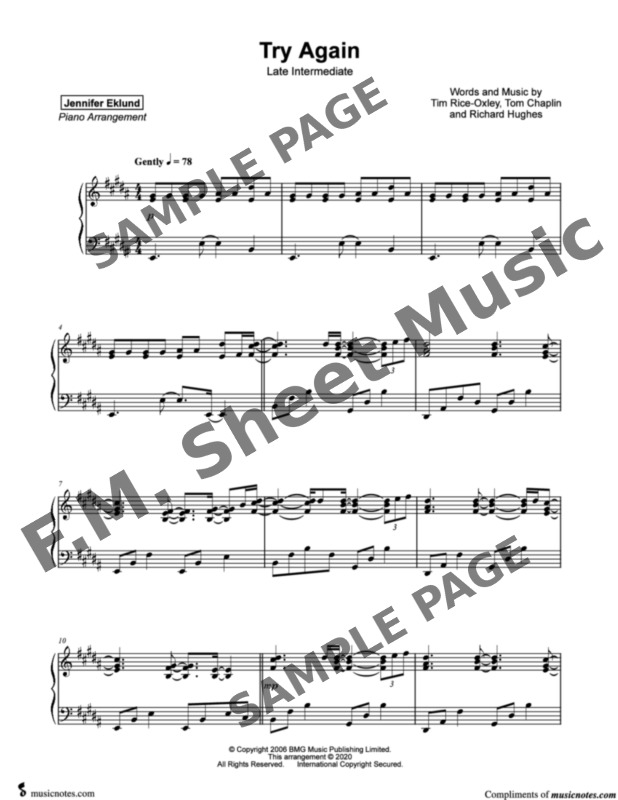 Try Again (Late Intermediate Piano) By Keane - F.M. Sheet Music - Pop